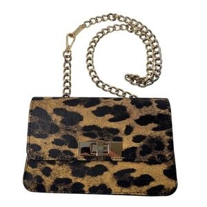 Steve Madden Leopard Print Metallic Gold Chain Crossbody Belt Bag Turn Lock